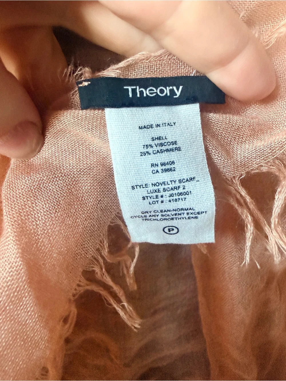 Theory Peach Featherlight Cashmere and Viscose luxurious Fringed Scarf